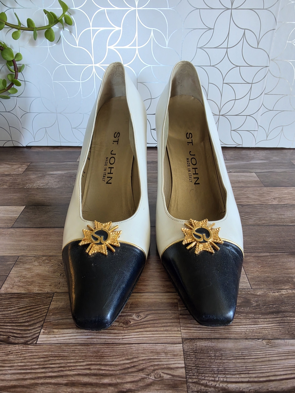 St. John Two-Tone Black & White Leather Pumps with Gold Emblem
